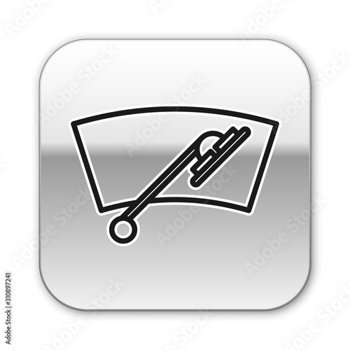 Black line Windscreen wiper icon isolated on white background. Silver square button. Vector Illustration