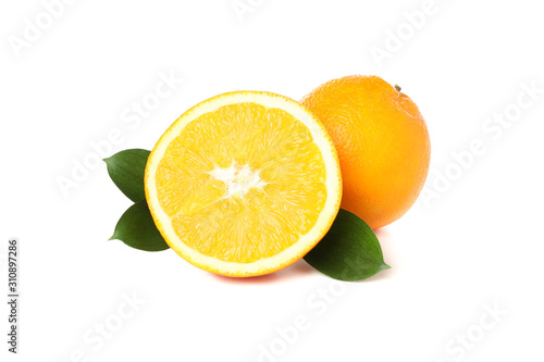 Juicy oranges and leaves isolated on white background