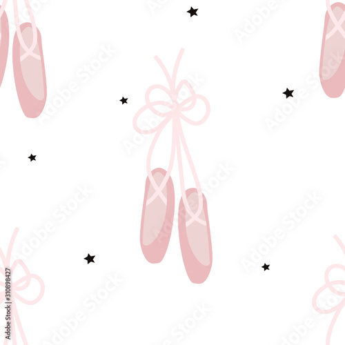 Seamless pattern with Pointe shoes and stars on white background. Vector illustration for printing on fabric, postcard, wrapping paper, gift products, Wallpaper, clothing. Cute baby background for gir