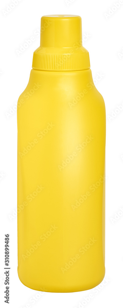 yellow detergent plastic bottle with measuring cap and cleaning liquid isolated on white yellow detergent plastic bottle with measuring cap and cleaning liquid isolated on white