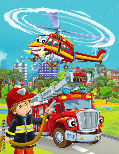 cartoon scene with fire brigade car vehicle on the road and fireman worker - illustration for children