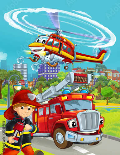 cartoon scene with fire brigade car vehicle on the road and fireman worker - illustration for children