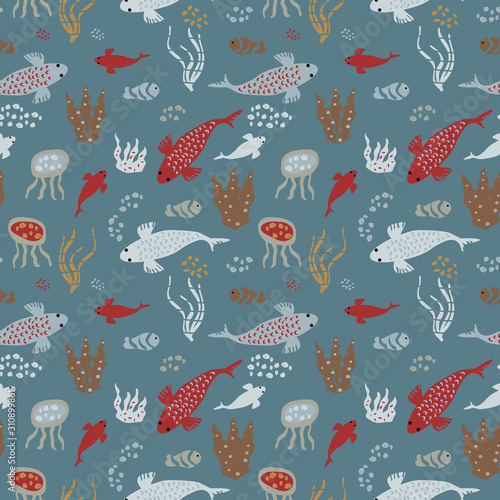 Elegant hand-drawn seamless pattern with oceanic theme, vector. Seamless childish pattern with cute undersea inhabitants