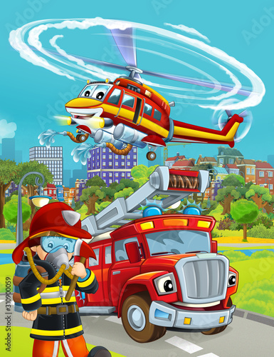 Fototapeta Naklejka Na Ścianę i Meble -  cartoon scene with fire brigade car vehicle on the road and fireman worker - illustration for children