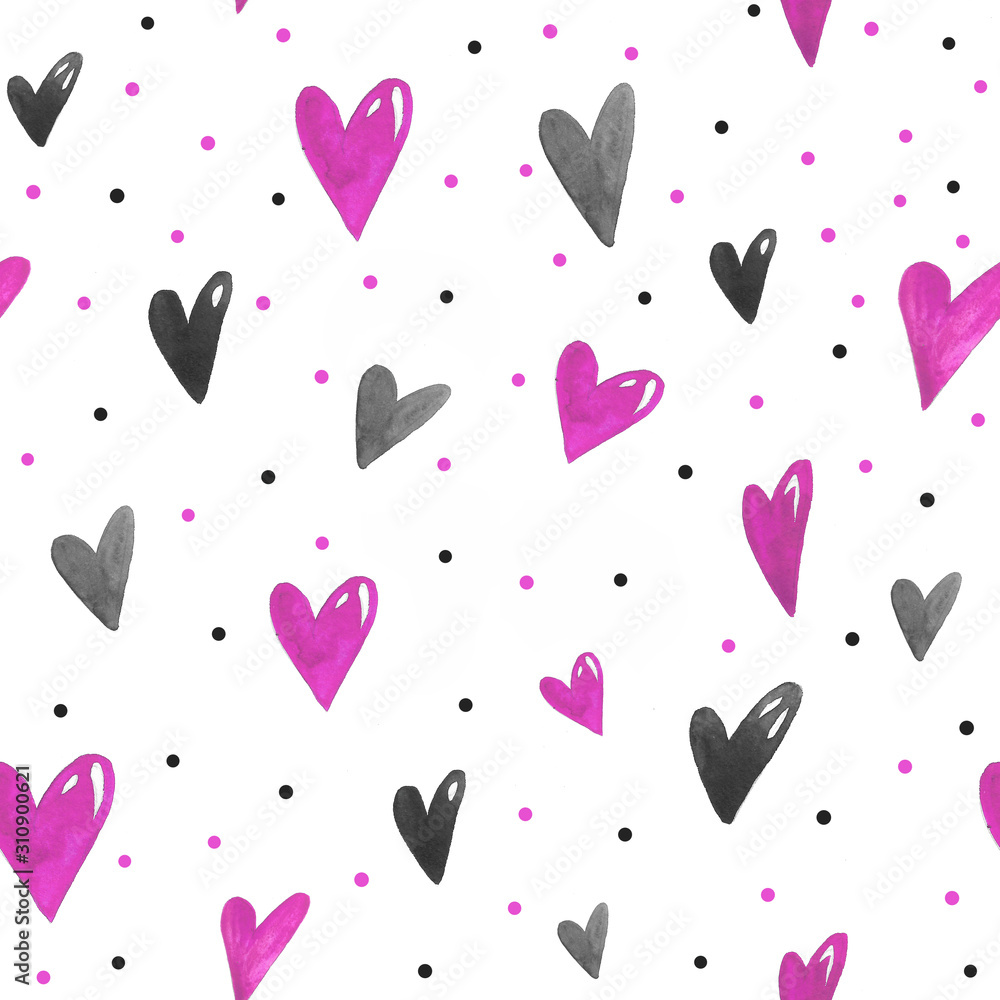 Watercolor seamless pattern with pink and gray  hearts