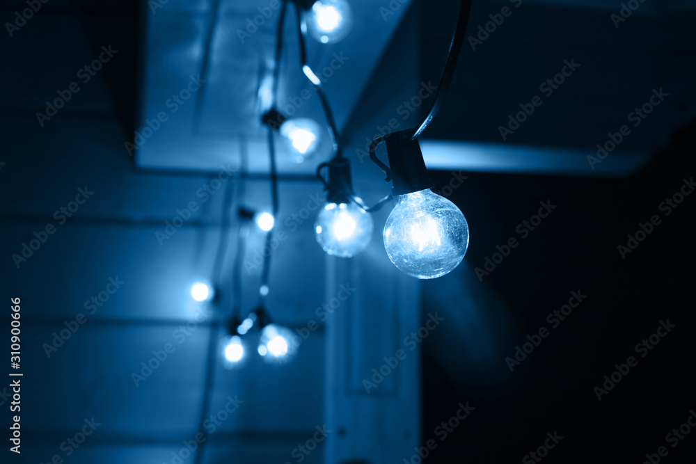 Decorative outdoor string lights hanging on tree in the garden at night time Decorative outdoor string lights hanging on tree in the garden at night time
