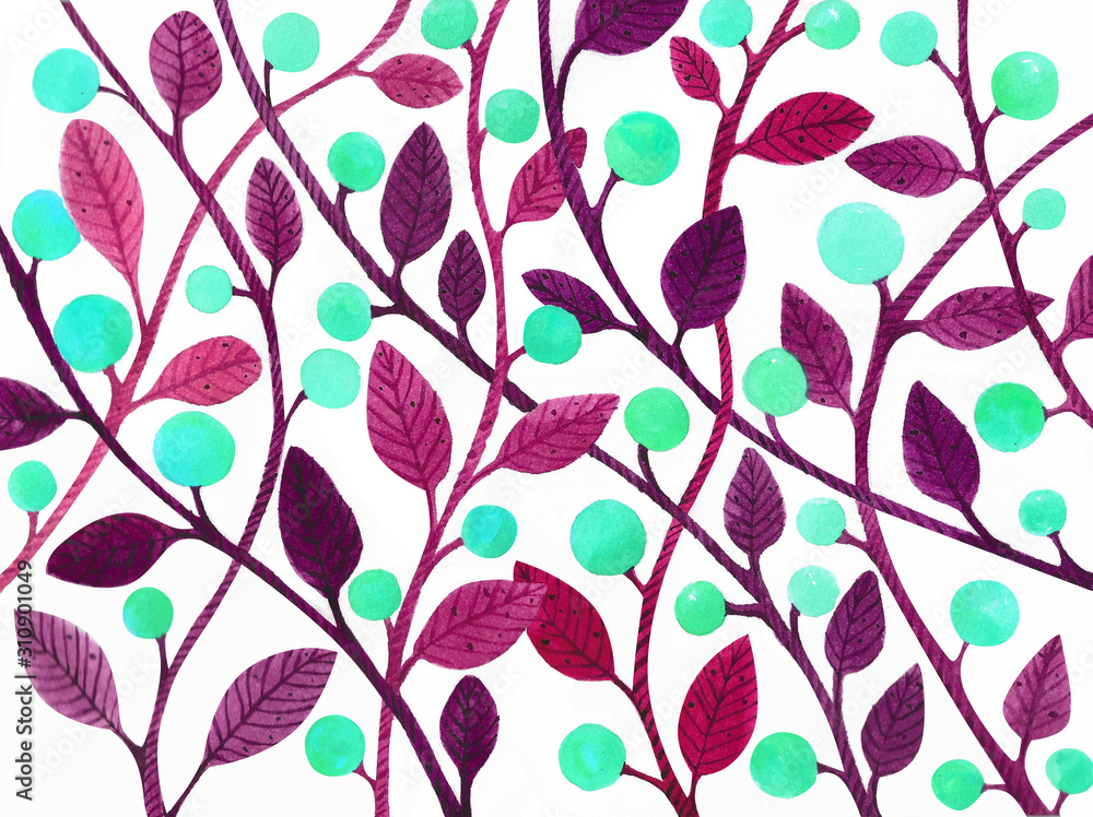 watercolor pattern with leaves and berries on a white background watercolor pattern with leaves and berries on a white background