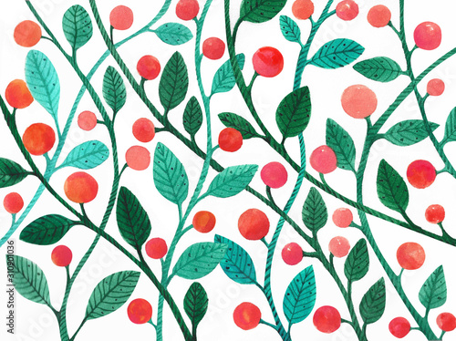 watercolor pattern with green leaves and red berries on a white background