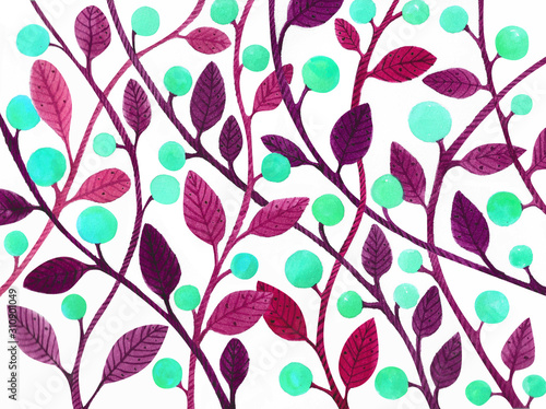 watercolor pattern with leaves and berries on a white background