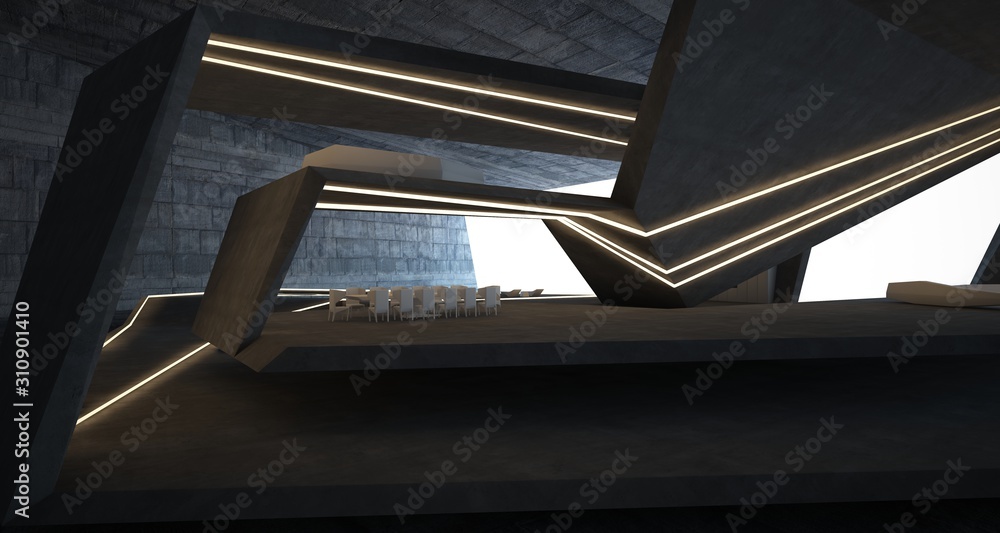Abstract architectural concrete interior of a minimalist house with swimming pool and neon lighting. 3D illustration and rendering. Abstract architectural concrete interior of a minimalist house with swimming pool and neon lighting. 3D illustration and rendering.