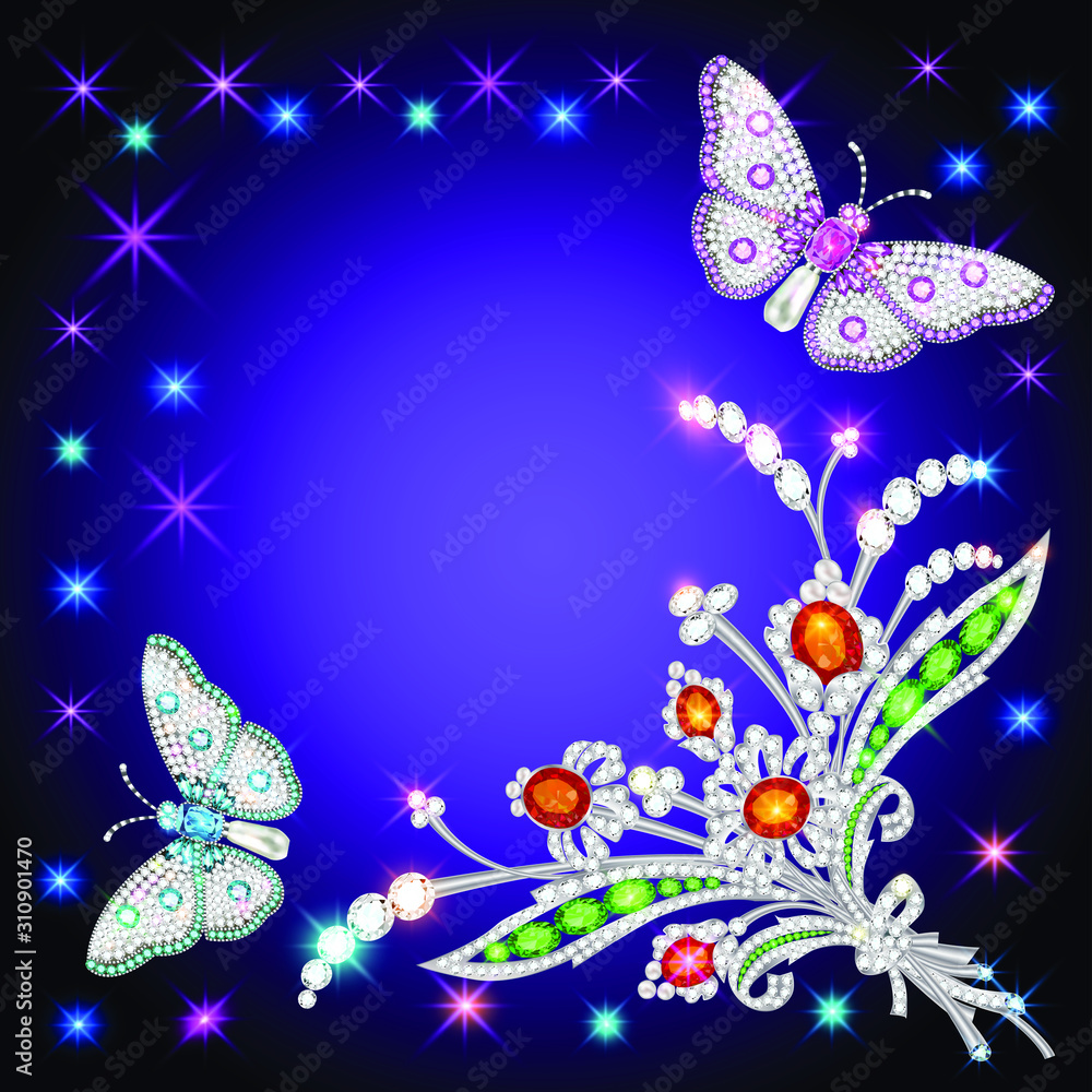 illustration background frame with butterflies and ornaments made of precious stones