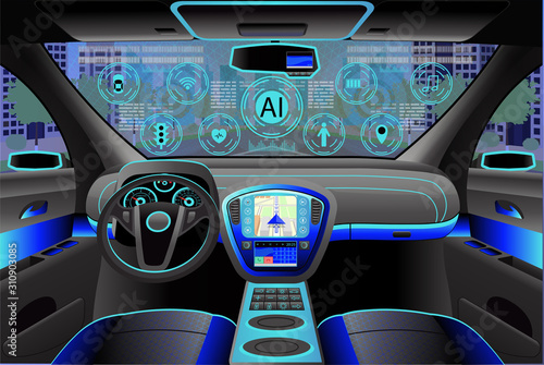 Car modern interior, cockpit view inside. Vector illustration. Artificial Intelligence