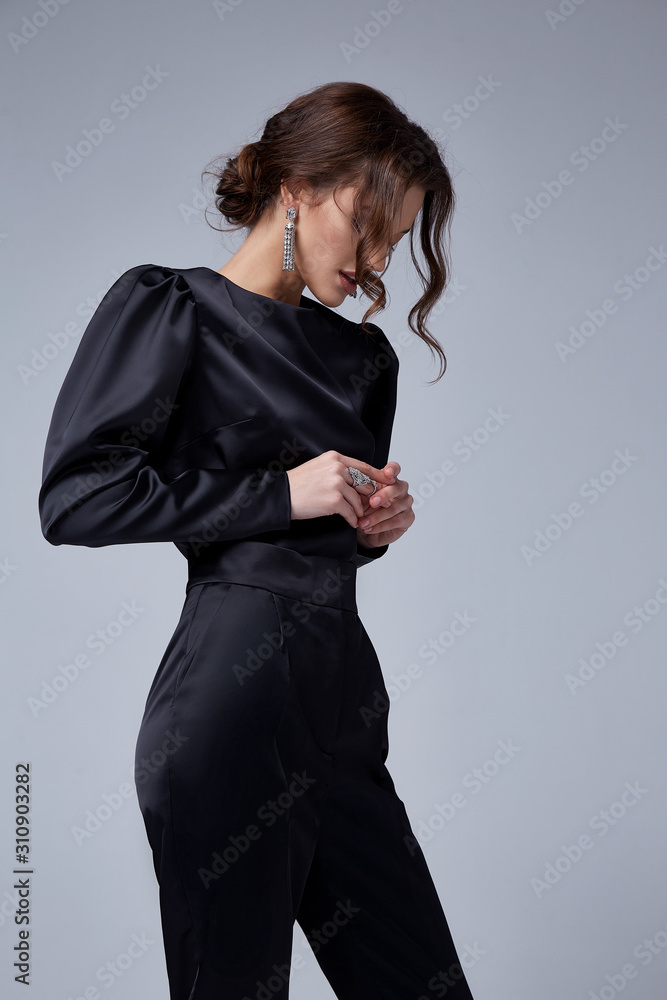 Sexy beautiful woman fashion glamour model brunette hair makeup wear black  suit trousers jacket clothes office dress code casual party style accessory  date walk girl skinny body shape studio. Photos