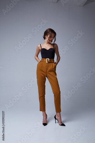 Fotografie Sexy beautiful woman fashion glamour model brunette hair makeup wear silk skinny blouse trousers clothes for every day casual party style accessory date walk girl body shape studio