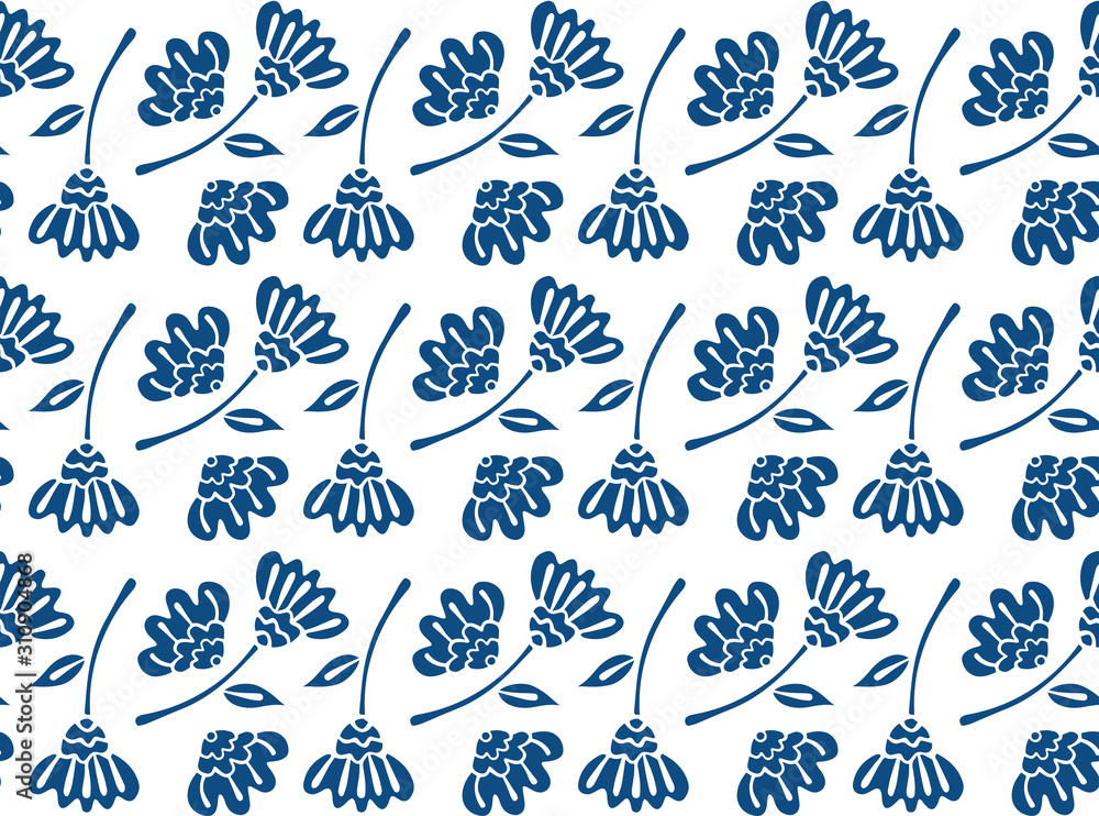 Fototapeta premium Seamless pattern of ethnic abstract flowers in the Scandinavian style of classic blue color. Texture for textile, fabric, wallpaper. White background. Vector.