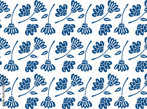 Seamless pattern of ethnic abstract flowers in the Scandinavian style of classic blue color. Texture for textile, fabric, wallpaper. White background. Vector.