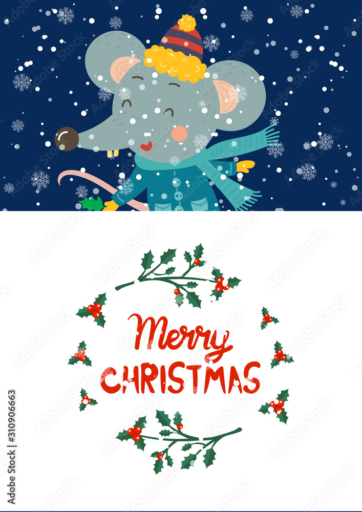 Cartoon illustration for holiday theme with happy rat,symbol of the year 2020, on winter background with trees and snow. Greeting card for Merry Christmas and Happy New Year.Vector illustration.