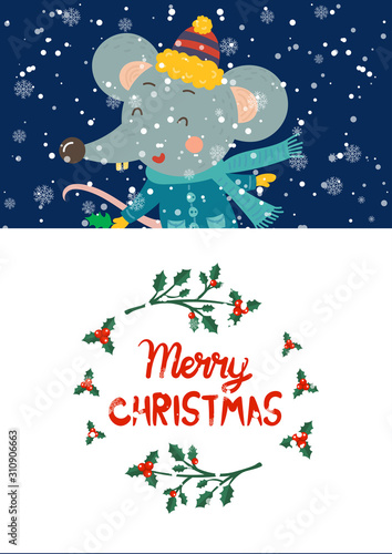Cartoon illustration for holiday theme with happy rat,symbol of the year 2020, on winter background with trees and snow. Greeting card for Merry Christmas and Happy New Year.Vector illustration. © UVAconcept