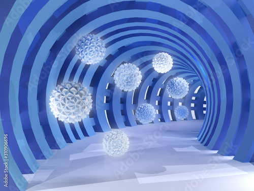 Fototapeta Blue tunnel with flying balls 3d rendering