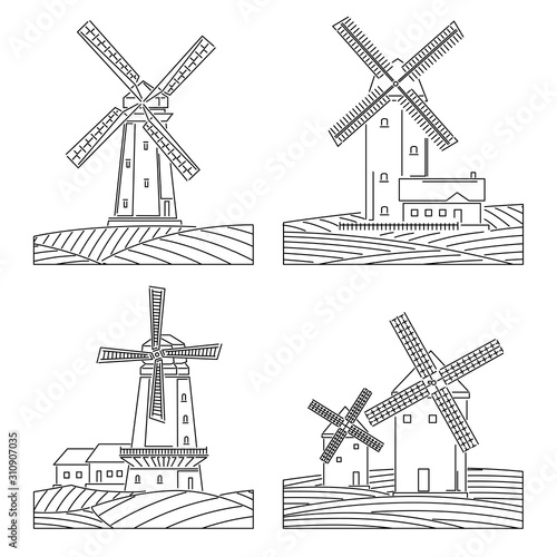 Set of simple line illustrations of windmills with fields.