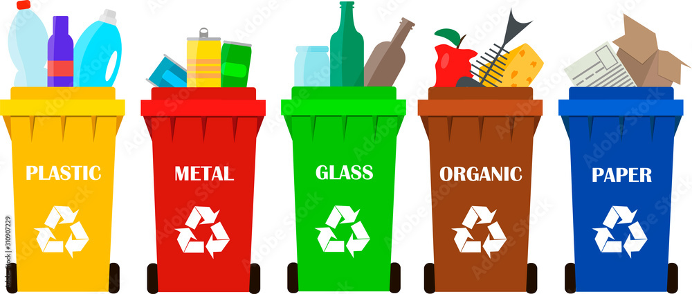 Vector Waste Sorting Bins Icon. Colorful Organic, Paper, Metal, Glass,  Plastic Garbage Boxes Stock Vector - Illustration of sign, organic:  249173299