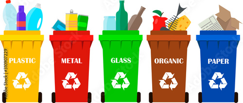 Trash bins. Containers for organic, plastic, paper, glass and metal waste.