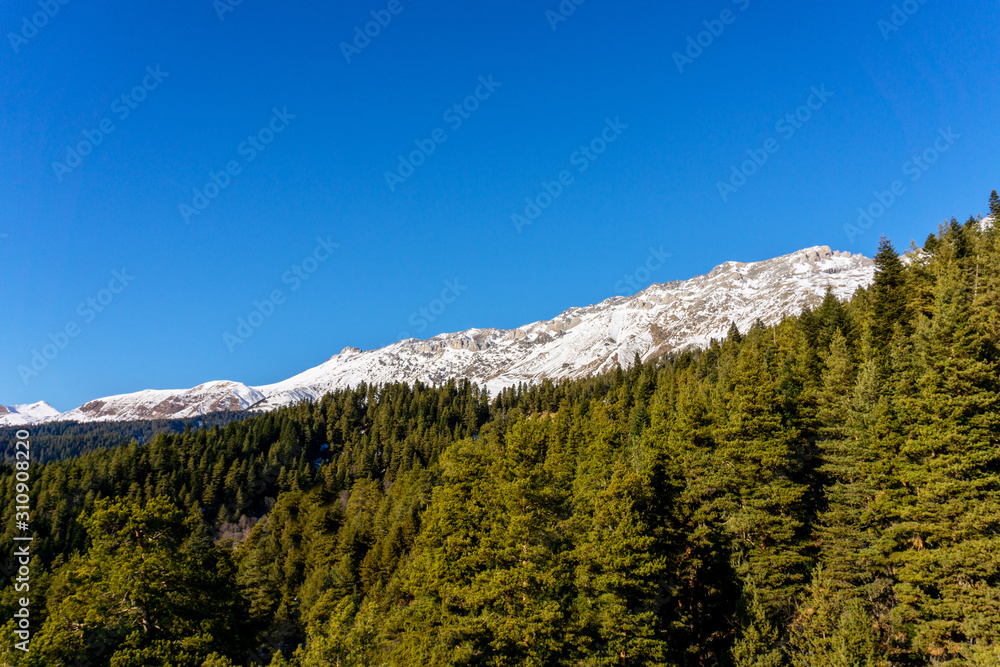 Winter sunny landscape with snowy peaks of mountain ranges with green trees and blue sky