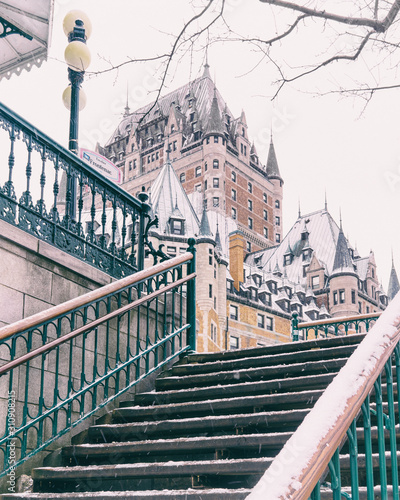 Cityscape of old Town of Quebec, Canada, in winter time. Can see the Chateau Frontenac with snow