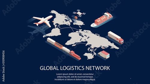 Isometric global logistics network concept. Air, cargo trucking rail, transportation maritime shipping, delivery by DRON, on-time delivery
