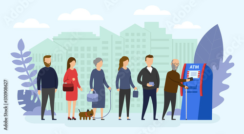 Young and old people waiting in the queue to draw money from self-service Automated Teller Machine. Flat style. Vector illustration