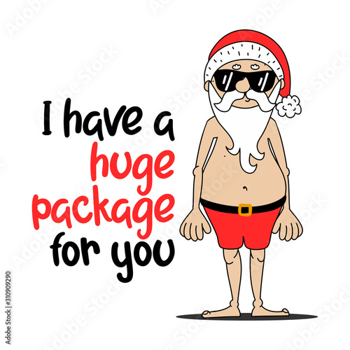 I Have A Huge Package For You - Santa to creep out friends and family this holiday season. Dirty joke Santa quote. Hand drawn lettering for Xmas greetings cards, invitations. Good for t-shirt, mugs.