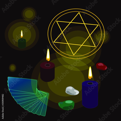 Magic and esotericism. .Fortune-telling on runes and maps .candles, stones, Pentacles. Book of fate. Dark, mysterious . vector.
