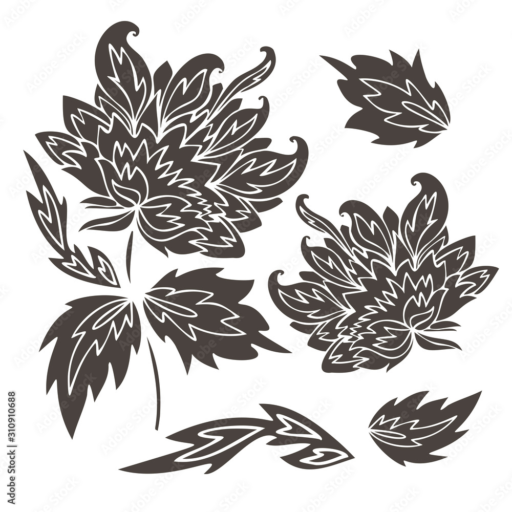 Isolated vector black and white design set of lined peony flowers. The design is perfectly suitable for clothes design, children decoration, stickers, stationary, tattoos Isolated vector black and white design set of lined peony flowers. The design is perfectly suitable for clothes design, children decoration, stickers, stationary, tattoos
