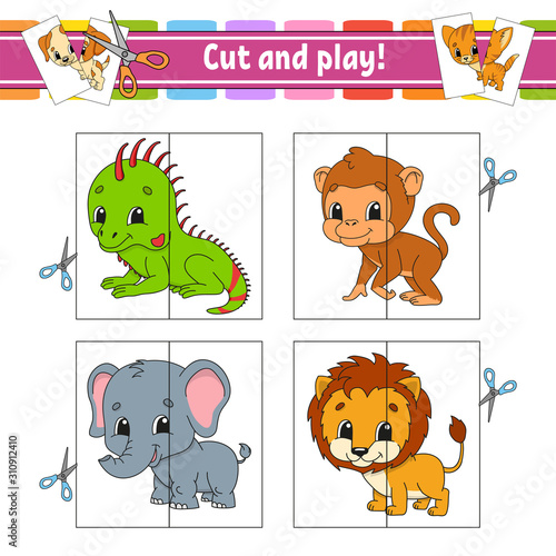 Cut and play. Flash cards. Color puzzle. Education developing worksheet. Activity page. Game for children. Funny character. Isolated vector illustration. Cartoon style.