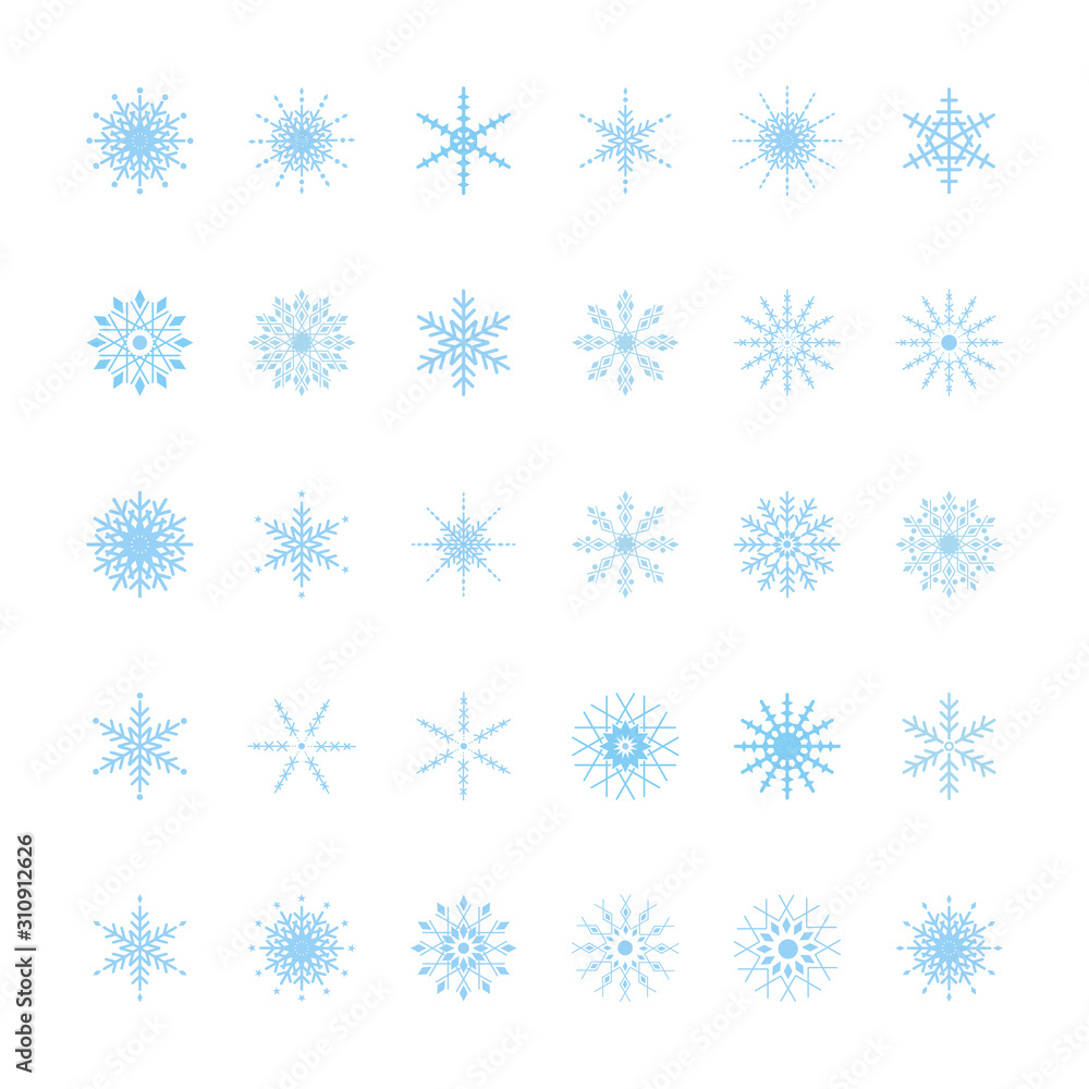Set of flat vector snowflakes icons isolated on a white background. Set of flat vector snowflakes icons isolated on a white background.