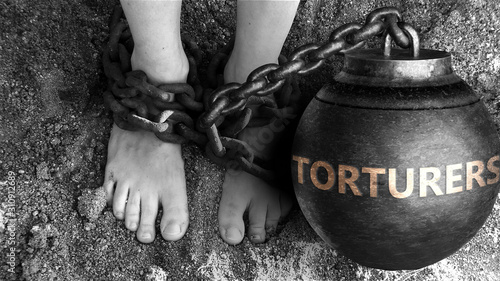 Torturers as a negative aspect of life - symbolized by word Torturers and and chains to show burden and bad influence of Torturers, 3d illustration photo