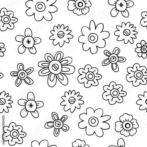 Black outlines doodle flowers on a white background. Seamless pattern