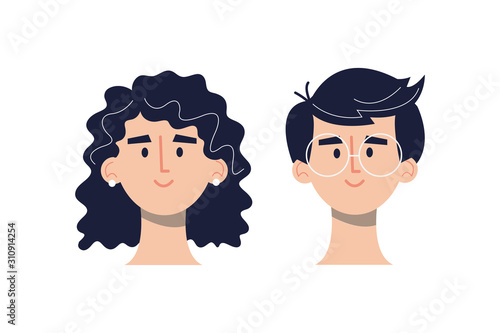 brunette Girls and boys avatars head icons  in flat style