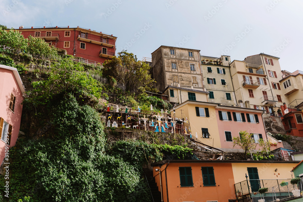 Residential Italian houses on a sunny hill in Italy, Manarola. Many different houses