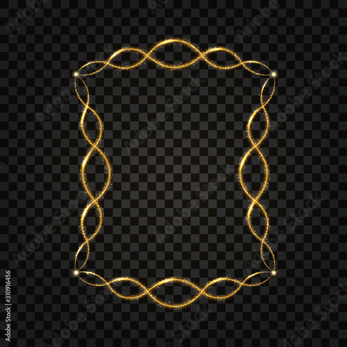 Gold square frame. Golden glow glittering effect, neon shine, light particles and star dust. Design element, border. Isolated on dark transparent background. Vector illustration