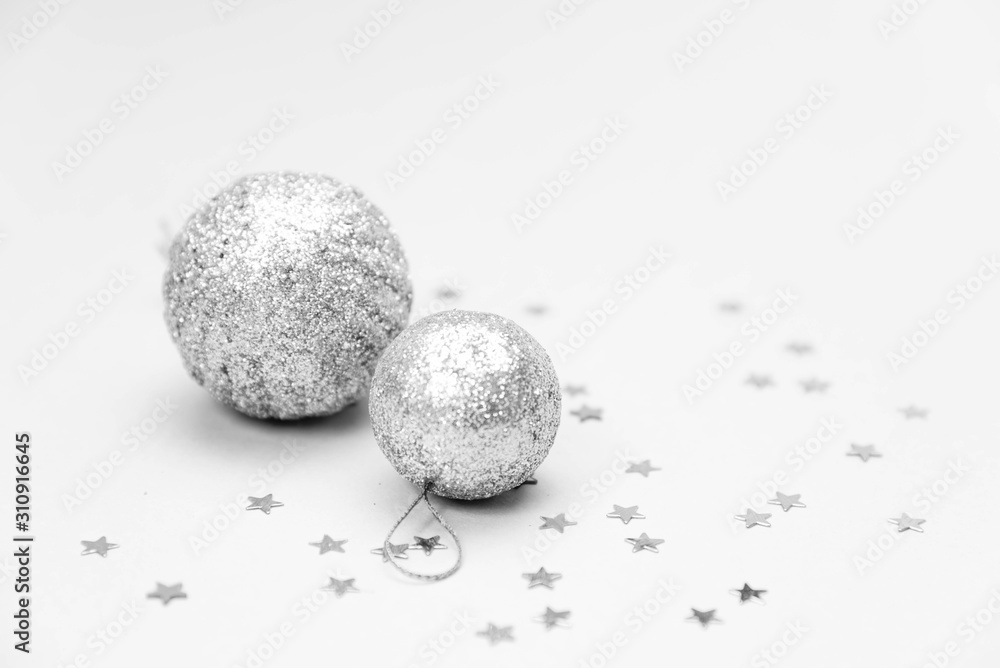christmas balls on white background, space for text