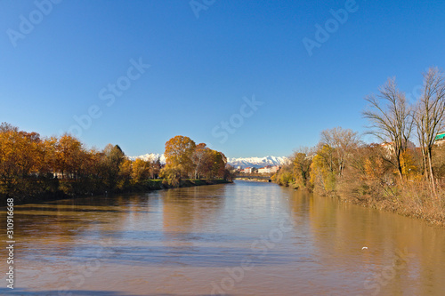 Scenic view along the Po river in Turin, Italy, in a clear blue sky winter morning