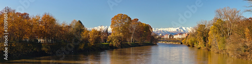 Scenic view along the Po river in Turin, Italy, in a clear blue sky winter morning