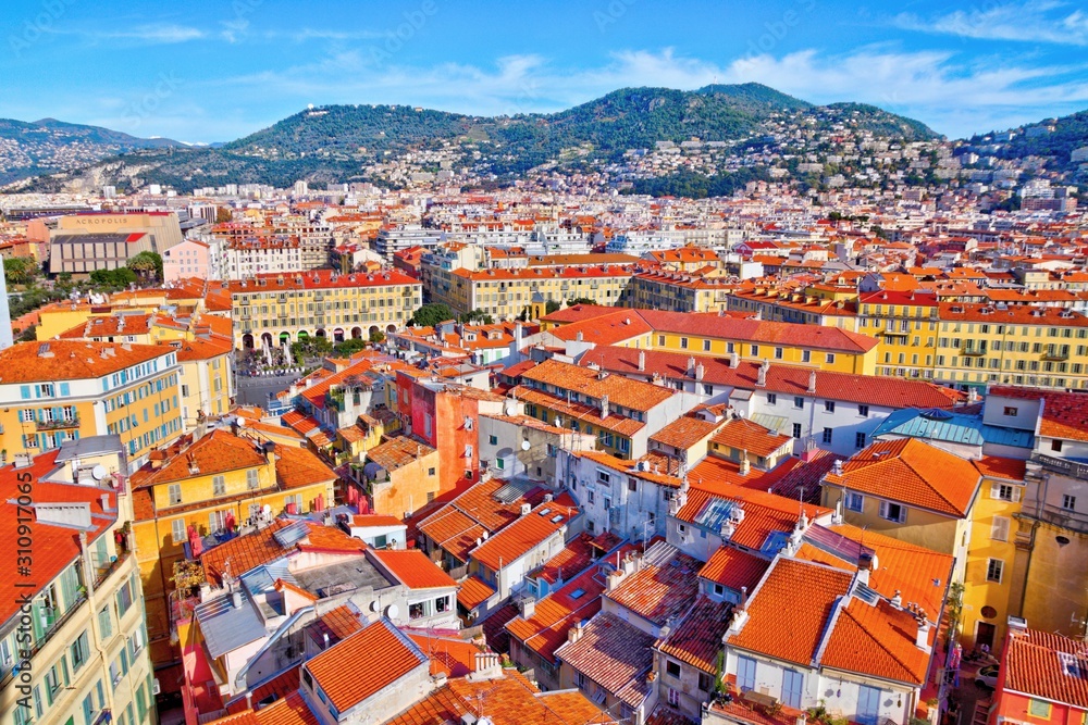 Aerial panoramic view from the Saint Francis tower, on Nice old town, France, in a clear winter morning