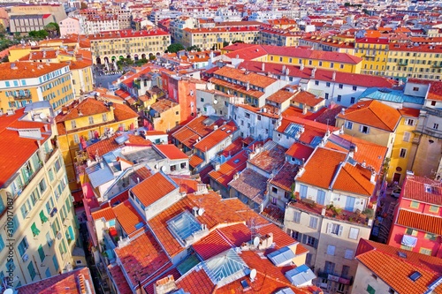 Aerial panoramic view from the Saint Francis tower, on Nice old town, France, in a clear winter morning