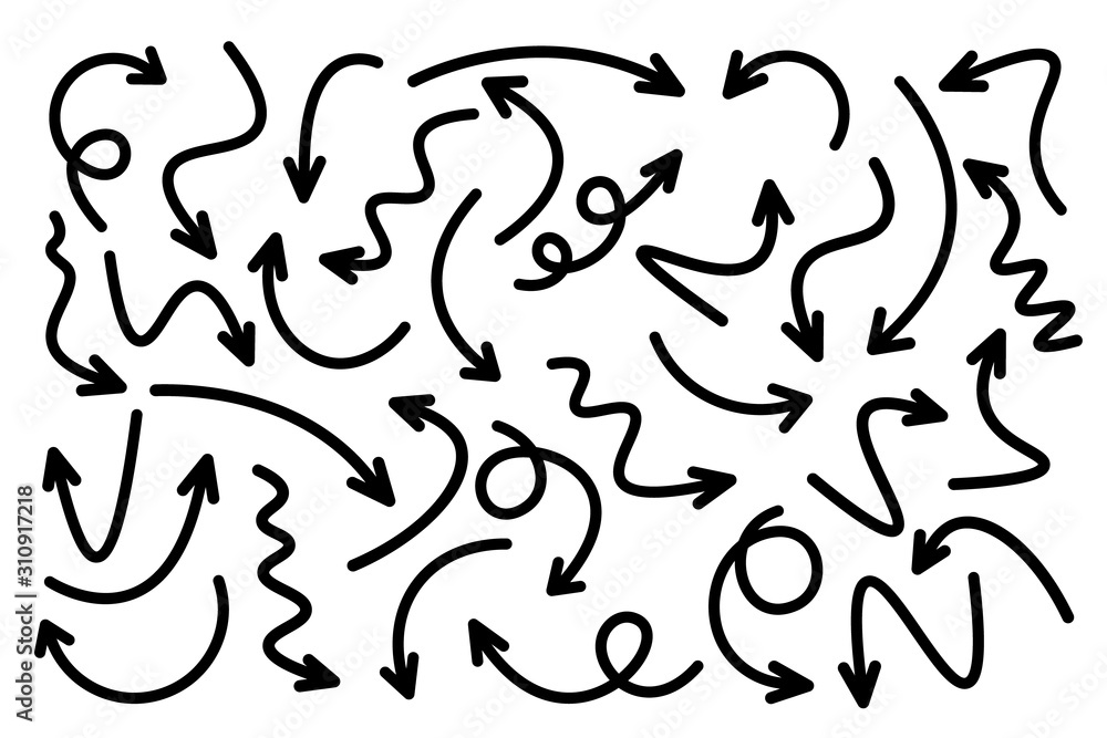 Naklejka premium Black Hand Drawn Arrows Set on White Background. Arrow, Cursor Icon. Vector Pointers Collection. Back, Next Web Page Sign. 