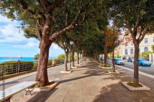 Taranto, Italy - December 02, 2019: Walk on the promenade on the seafront in the shade of decorative trees