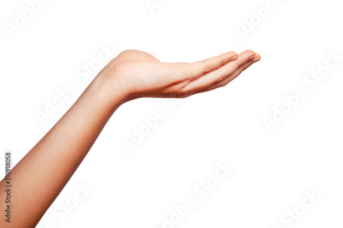 white background woman opened her palm