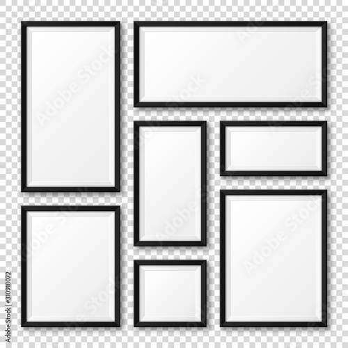 Realistic blank black picture frame with shadow collection isolated on transparent background. Modern poster mockup. Empty photo frame for art gallery or interior. Vector illustration.