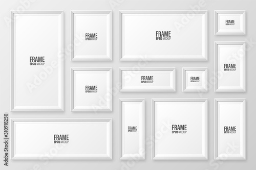 Realistic blank white picture frame with shadow collection isolated on gray background. Modern poster mockup. Empty photo frame for art gallery or interior. Vector illustration.
